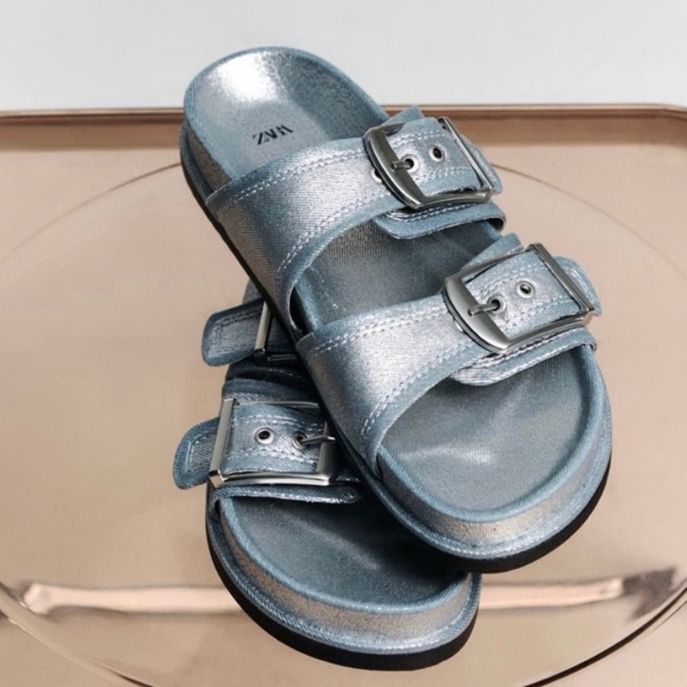 Zara buckle flat blue sandals sz 7.5 Nwt